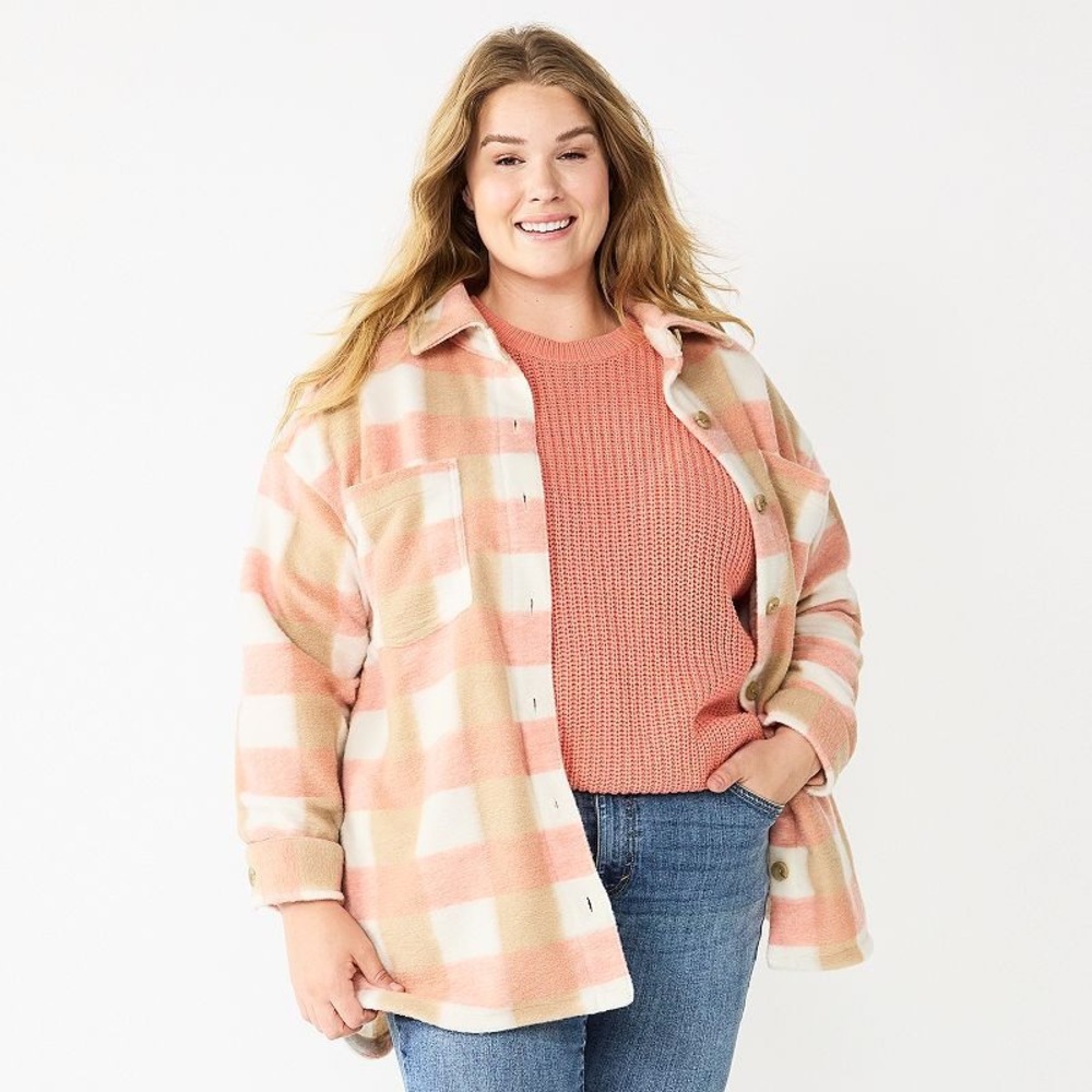 NWT! Sonoma Goods For Life Womens Plaid Sherpa Shacket Shirt‎ Jacket S Coral Tan